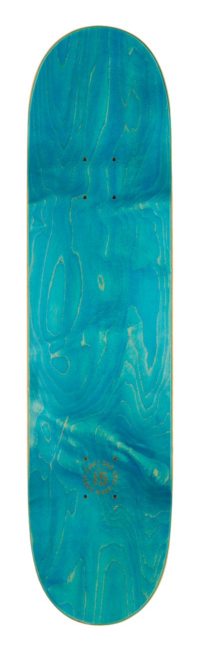 Blue skateboard deck with a wood grain pattern, featuring pre-drilled holes for truck installation. Ideal for skateboarding enthusiasts.