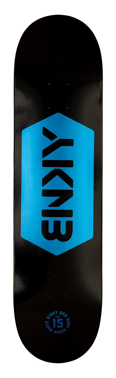 Stylish black skateboard deck featuring a bold blue hexagon design with the letters AKNB and a circular logo at the bottom.