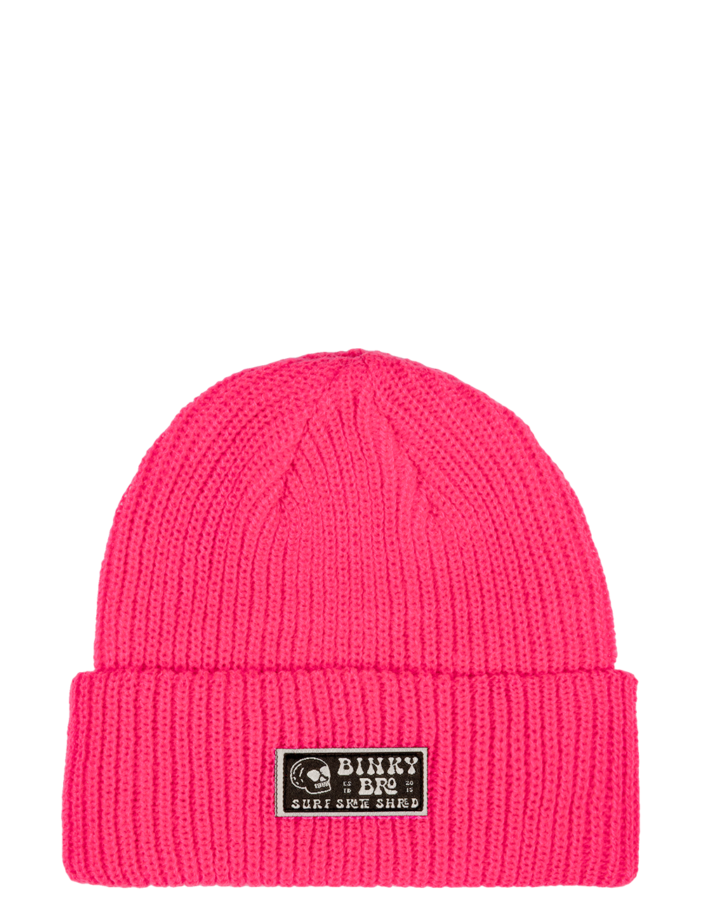 Neon pink beanie hat with a folded cuff and BinkyBro logo patch, designed for stylish kids and toddlers.