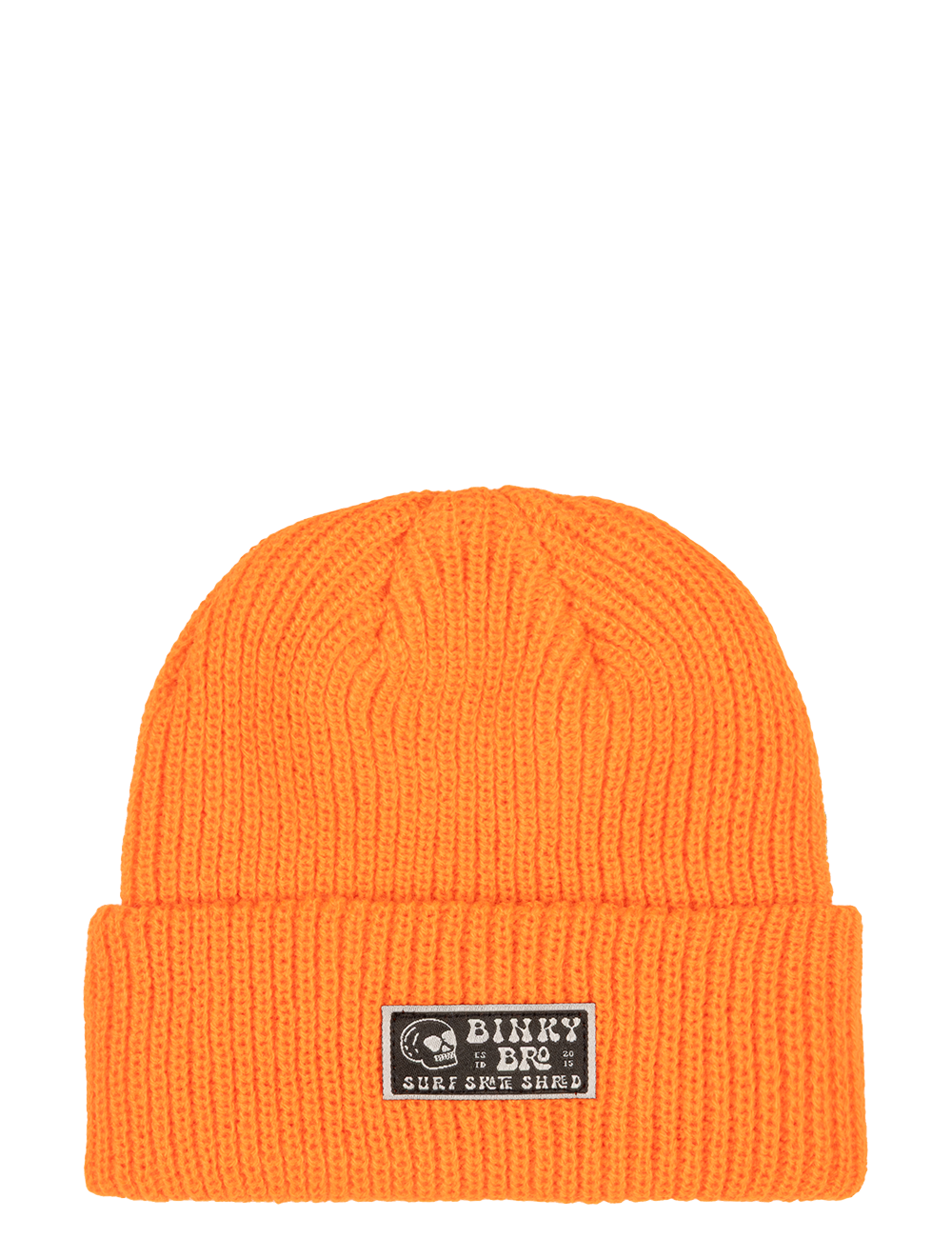 Neon orange beanie hat with a fold-over cuff and a BinkyBro logo patch, perfect for stylish kids.