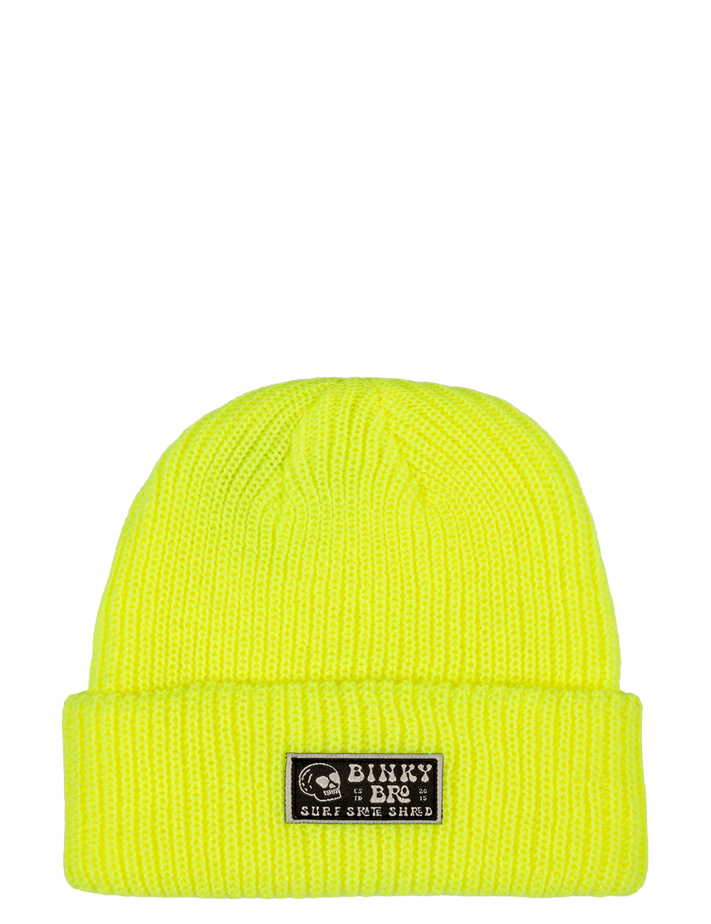 Neon yellow beanie with a ribbed texture and a black BinkyBro logo patch at the front. Perfect for stylish kids.