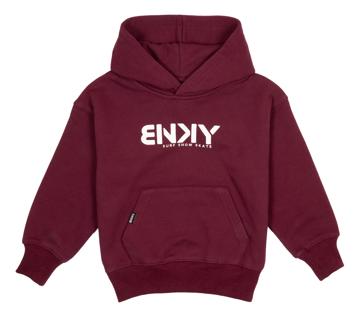 Maroon BNKY hooded sweatshirt featuring a front pocket and bold logo, designed for kids with a surf-snow-skate style.