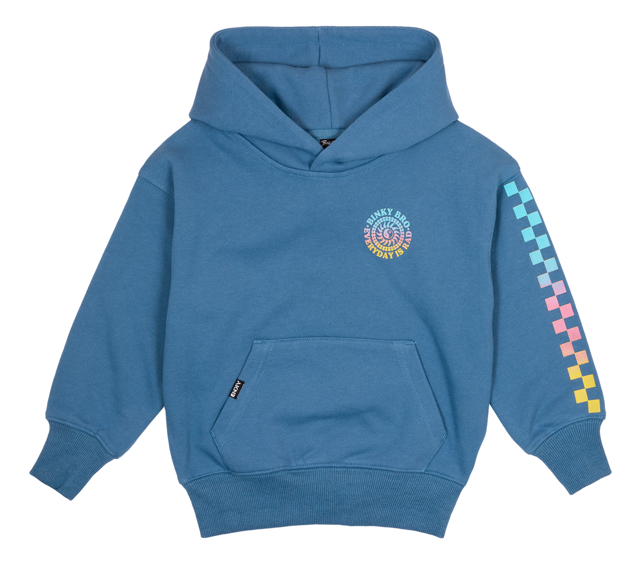Blue hoodie for kids featuring a colorful logo on the chest and a gradient checkered design on the sleeve.