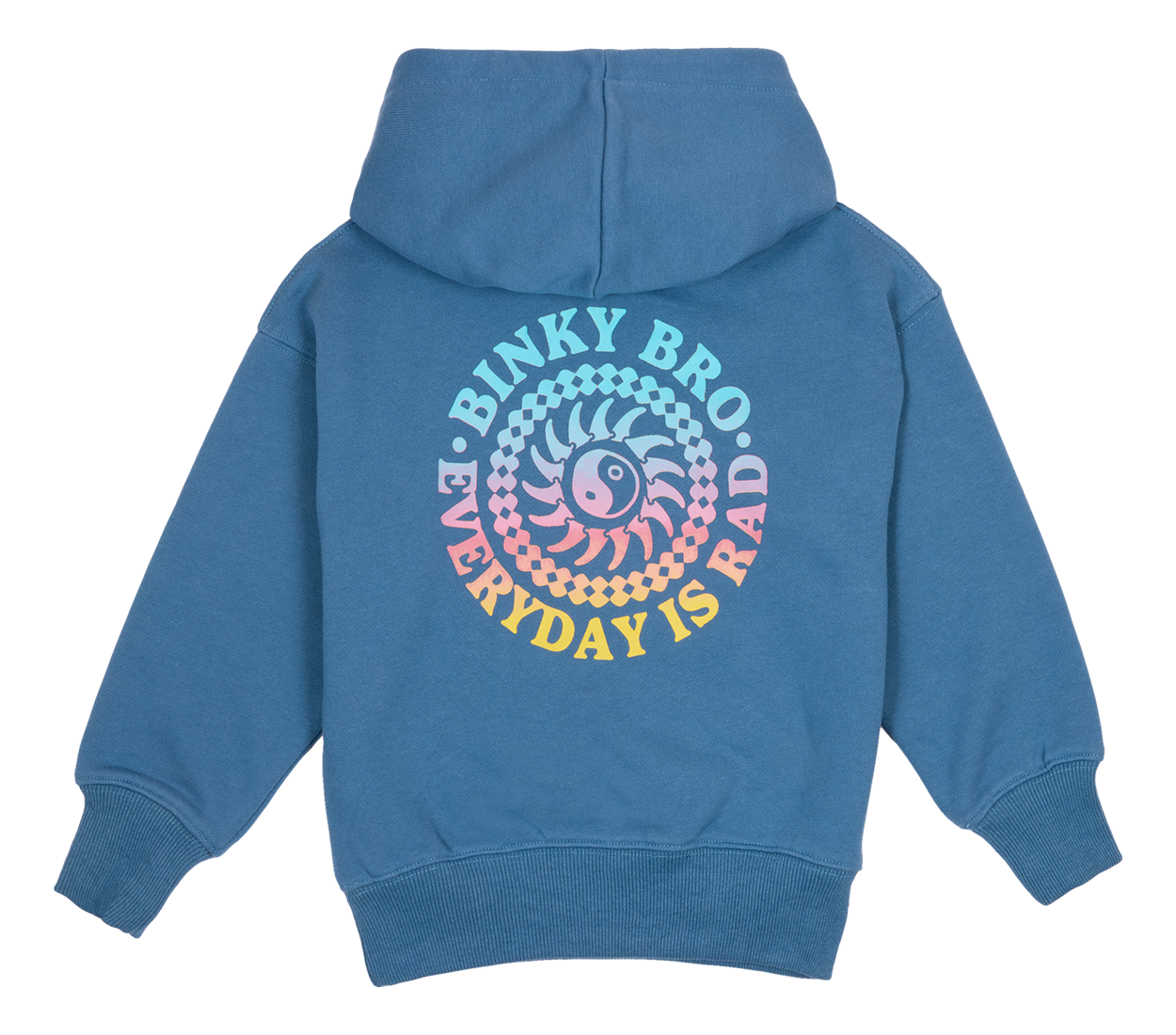 Blue hoodie featuring a colorful spiral design with the text "Binky Bro. Everyday is Rad" on the back. Ideal for kids.