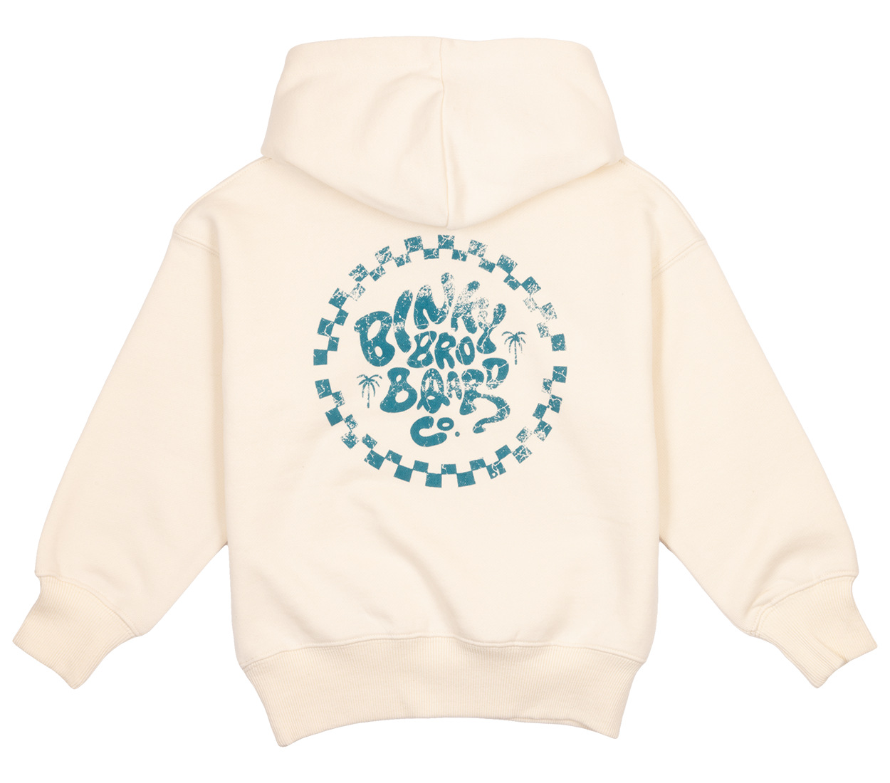 Cream-colored hoodie featuring a circular graphic with the BinkyBro logo and palm tree design on the back.