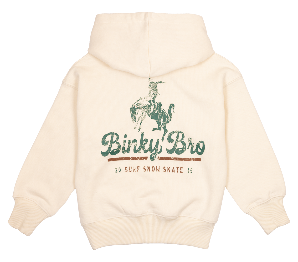 Cream-colored hoodie featuring a vintage-style graphic of a rider on a horse with "Binky Bro" text, ideal for kids.