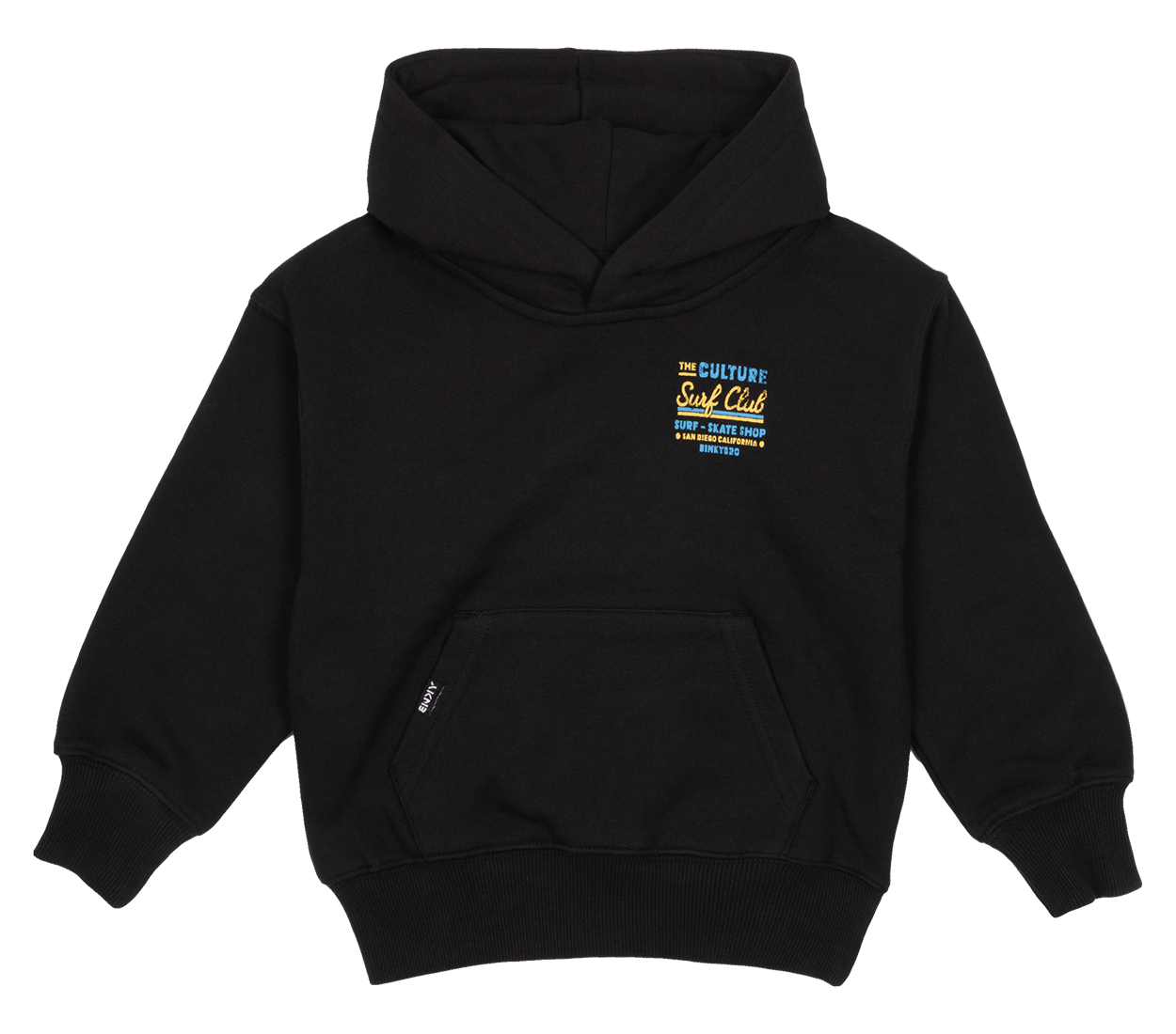 Black hoodie featuring "The Culture Surf Club" graphic on the chest, designed for stylish comfort in youth sizes.