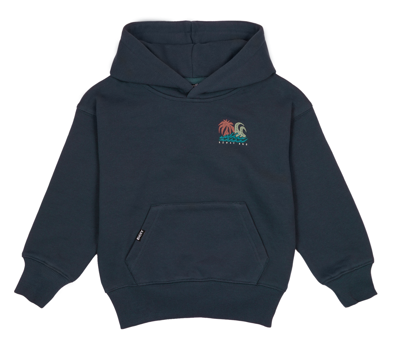 Navy blue hoodie for kids featuring a colorful palm tree and wave graphic on the chest, with a front pocket.