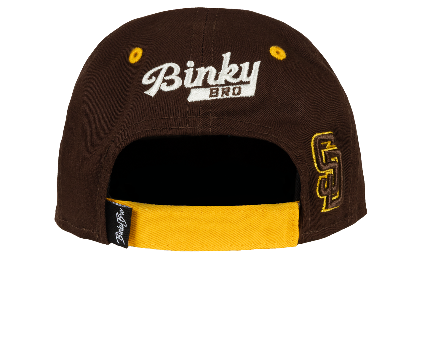 Brown snapback hat featuring BinkyBro logo and yellow accents, designed for stylish youth apparel.