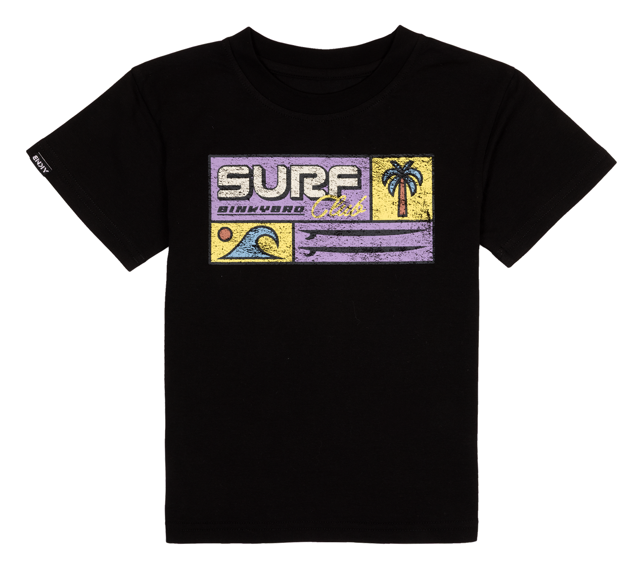 Black t-shirt featuring a colorful retro surf graphic with palm trees and waves, designed for kids.