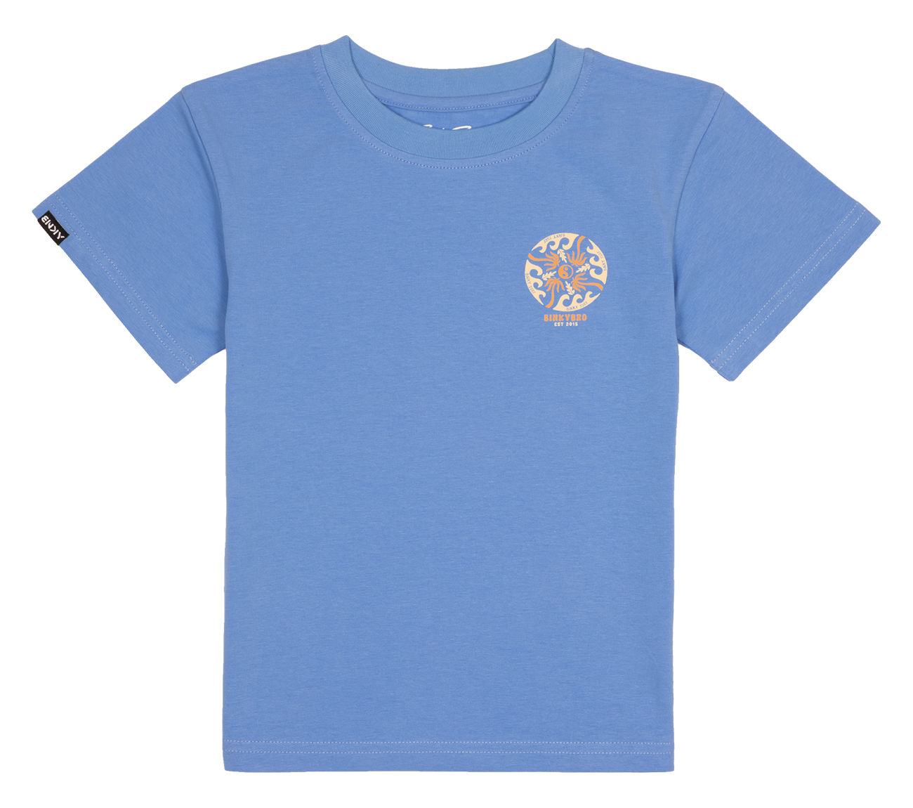 Light blue youth t-shirt featuring a vibrant flame design on the chest, perfect for active kids.