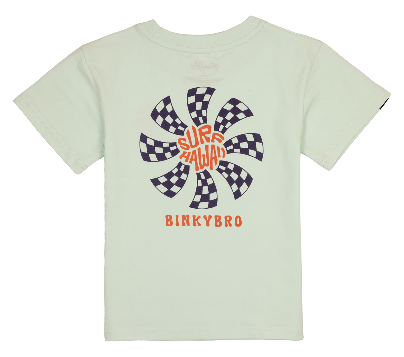 Light green kids' t-shirt featuring a colorful spiral graphic with "Surf Hawaii" text and BinkyBro branding.