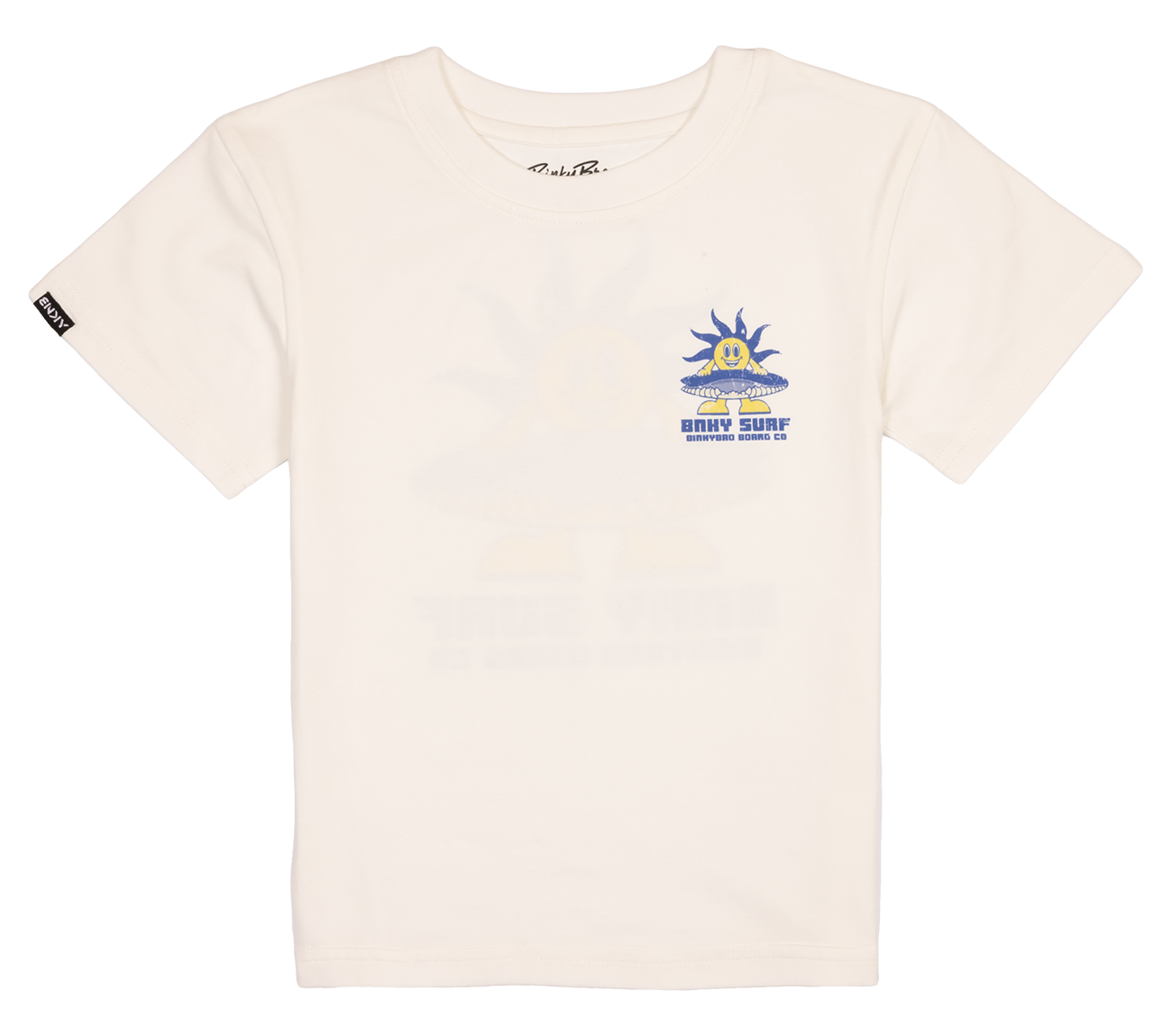 White youth t-shirt featuring a colorful sun graphic with "Fiesta Del Sol" text, perfect for summer adventures.