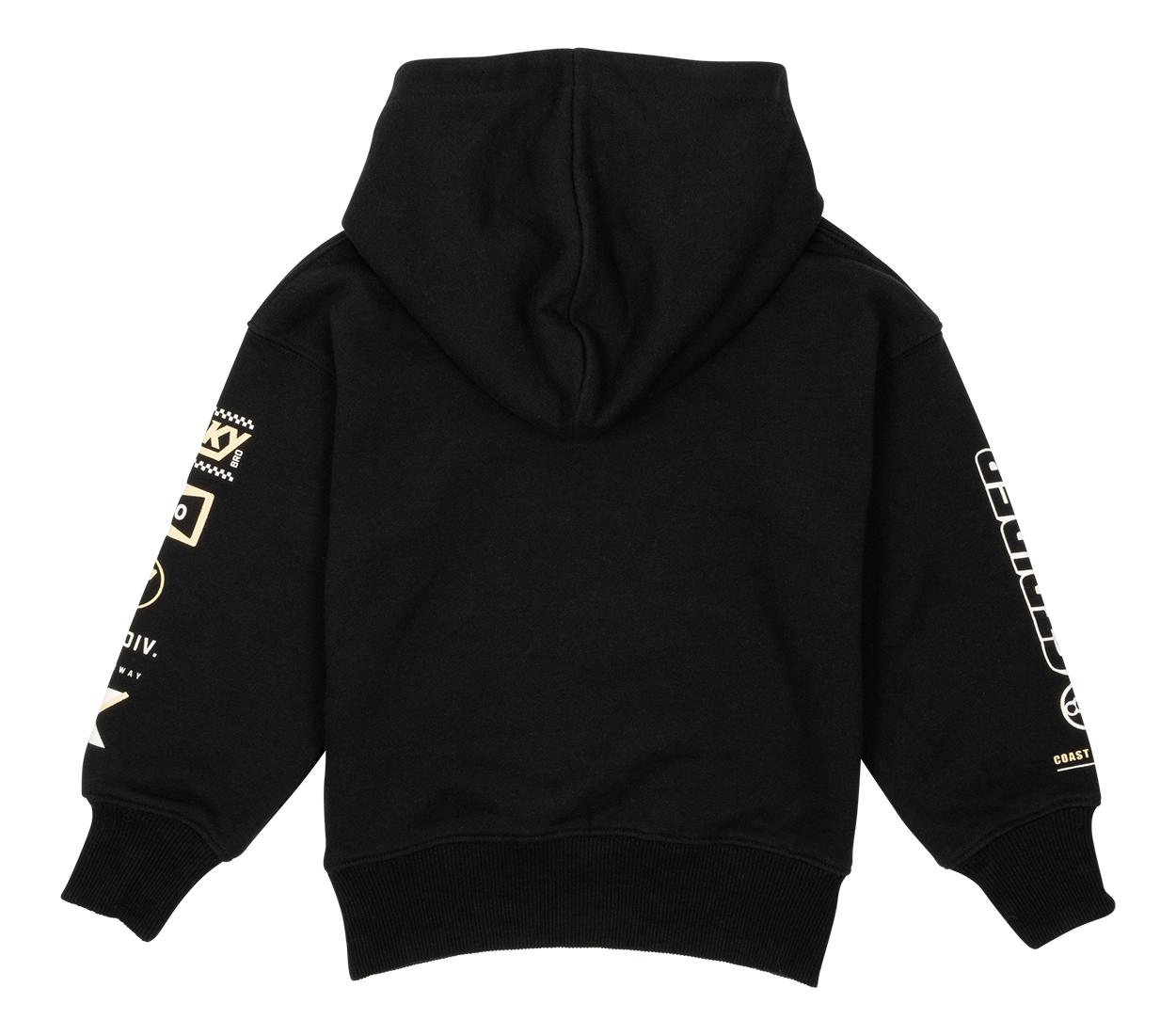 Black BinkyBro Racing Hood featuring a hooded design and bold graphics on the sleeves, perfect for stylish kids.