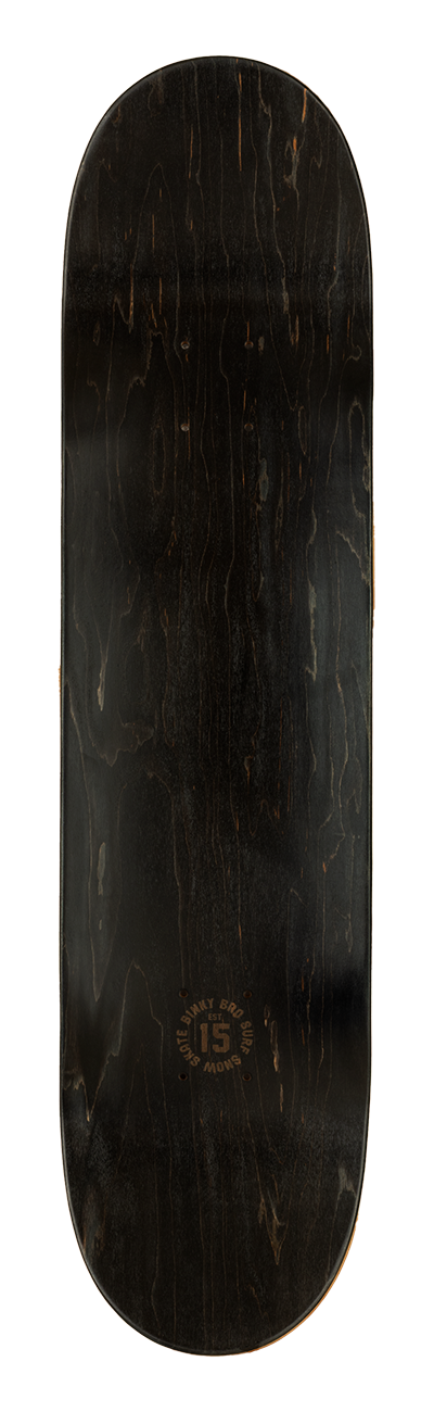 Derby skateboard deck featuring a sleek black finish with a subtle wood grain pattern and logo at the bottom.