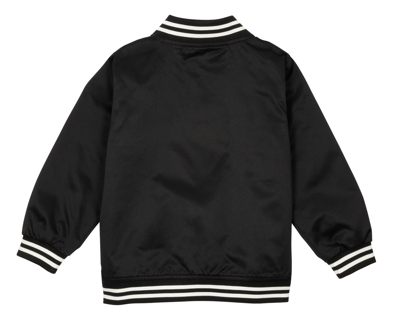 Back view of a black double set jacket featuring white striped cuffs and collar, designed for stylish youth wear.