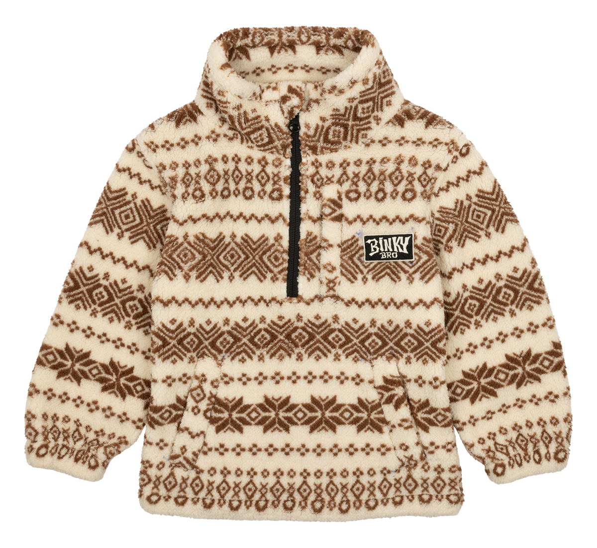 Cozy luxury fleece pullover in cream with brown geometric patterns, featuring a quarter zip and BinkyBro logo.
