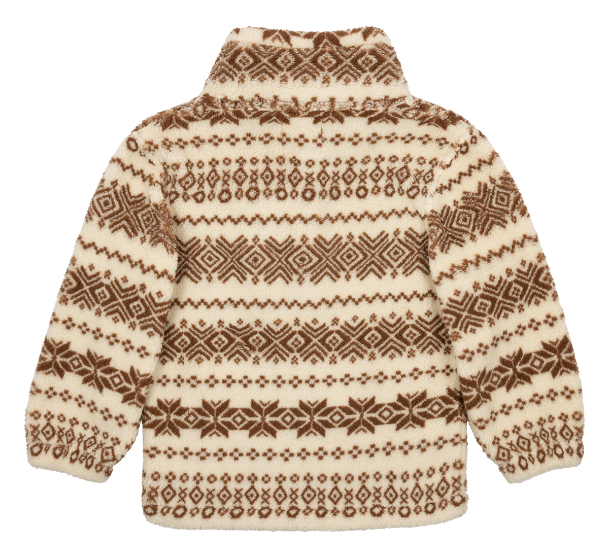 Cozy luxury fleece jacket featuring a warm cream and brown geometric pattern, perfect for stylish comfort.