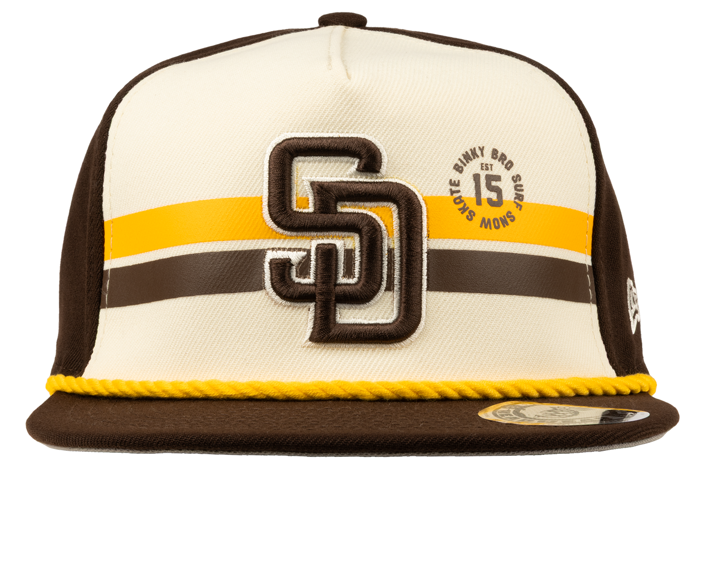 Stylish snapback hat featuring a cream and brown color scheme with a San Diego logo and yellow rope detail.