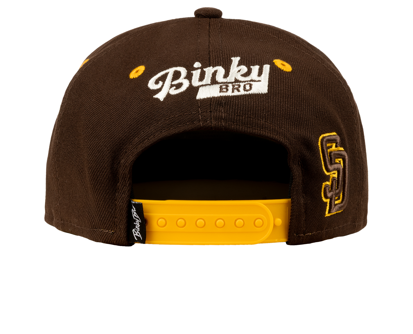 Brown snapback hat featuring yellow accents and the Binky Bro logo, designed for stylish youth apparel.