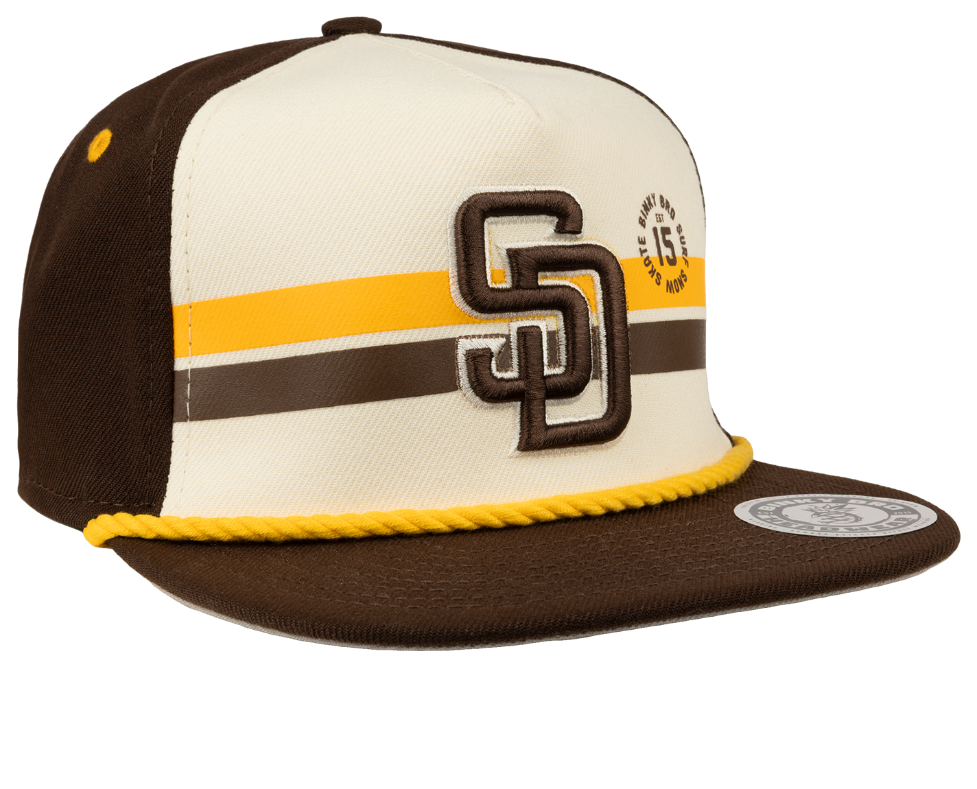 Stylish brown and cream snapback hat featuring San Diego logo and yellow rope detail, perfect for kids' casual wear.