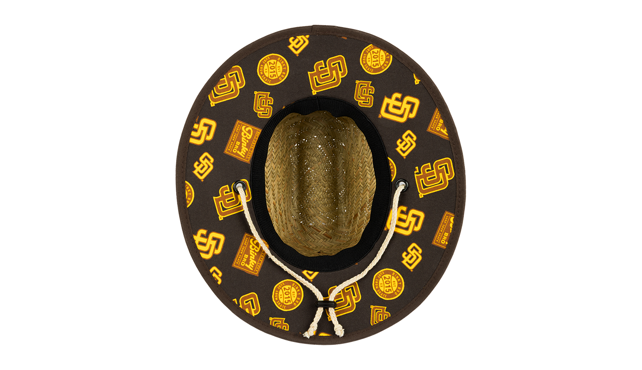 Stylish brown sun hat featuring Padres logos, perfect for infants and toddlers embracing a surf-snow-skate lifestyle.