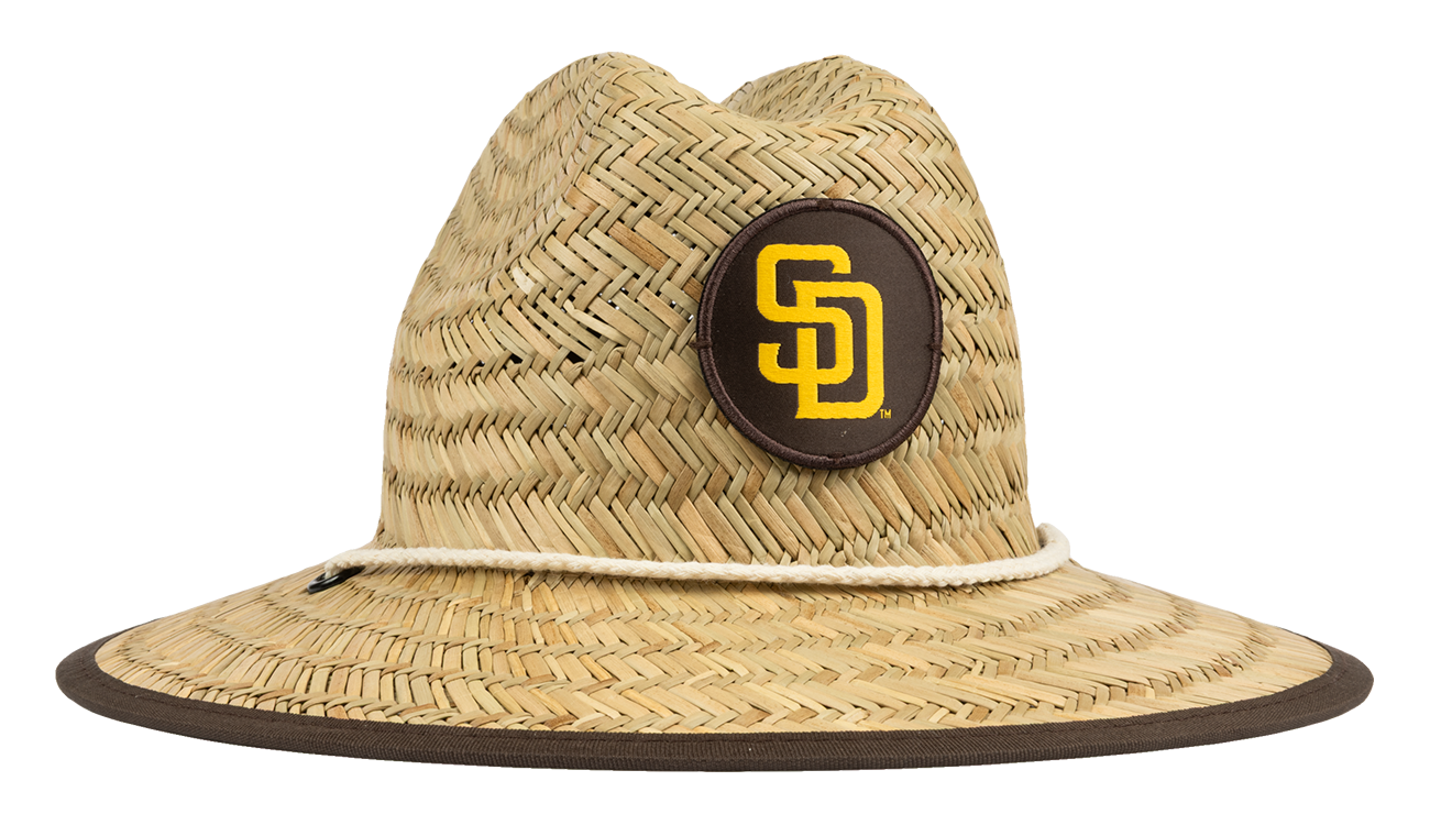 Stylish straw sun hat featuring a San Diego Padres logo, perfect for kids who love outdoor adventures.