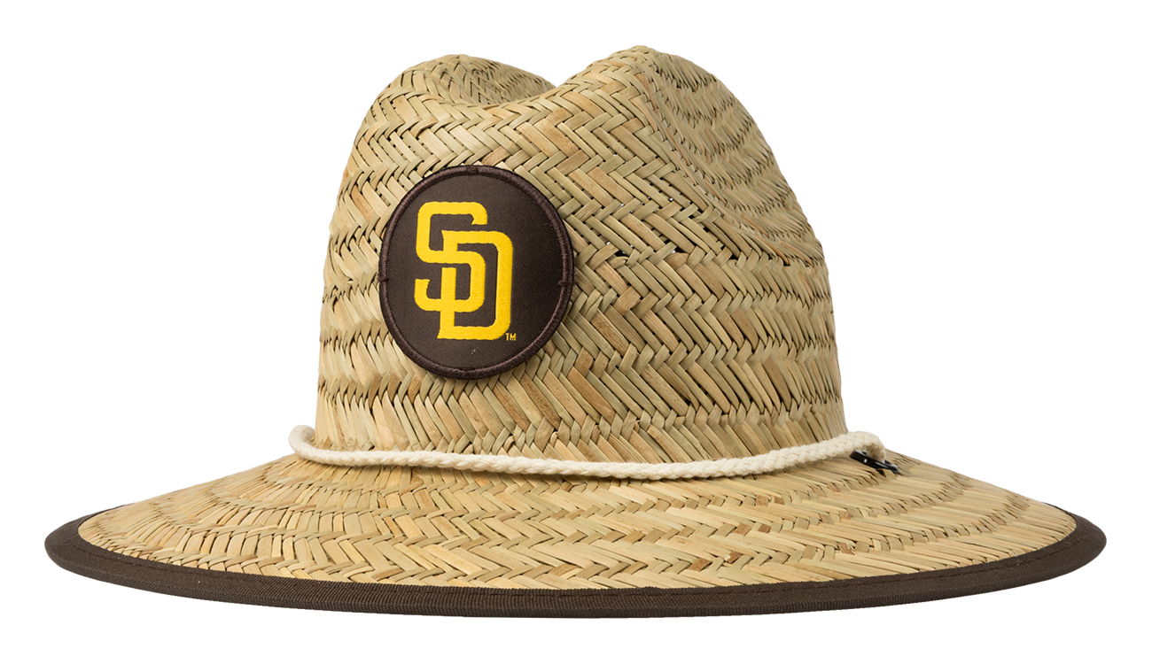 Stylish straw sun hat featuring a San Diego Padres logo, perfect for kids who love outdoor adventures.