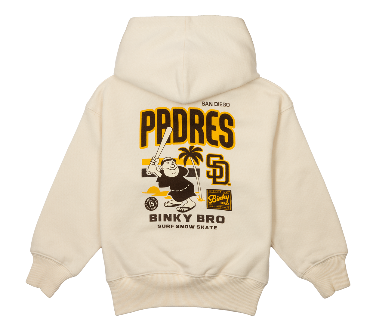Cream hoodie featuring a Padres Friar graphic with playful design elements, perfect for kids who love baseball.