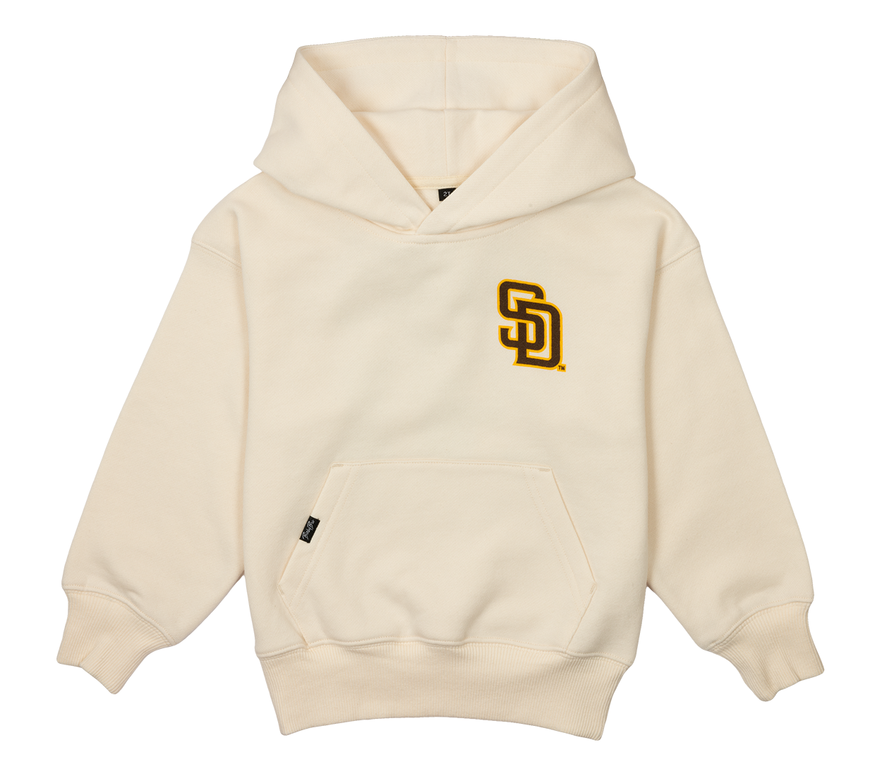 Bone-colored Padres Friar hoodie featuring a San Diego Padres logo on the chest and a front pocket. Perfect for kids.