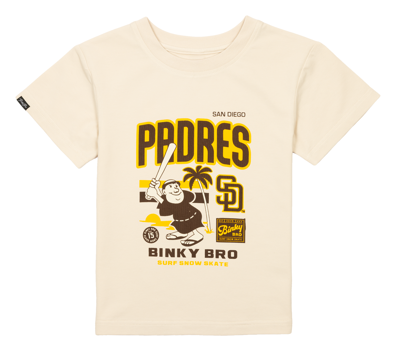 Bone-colored Padres Friar shirt featuring a playful design with a character, palm trees, and bold text for kids.