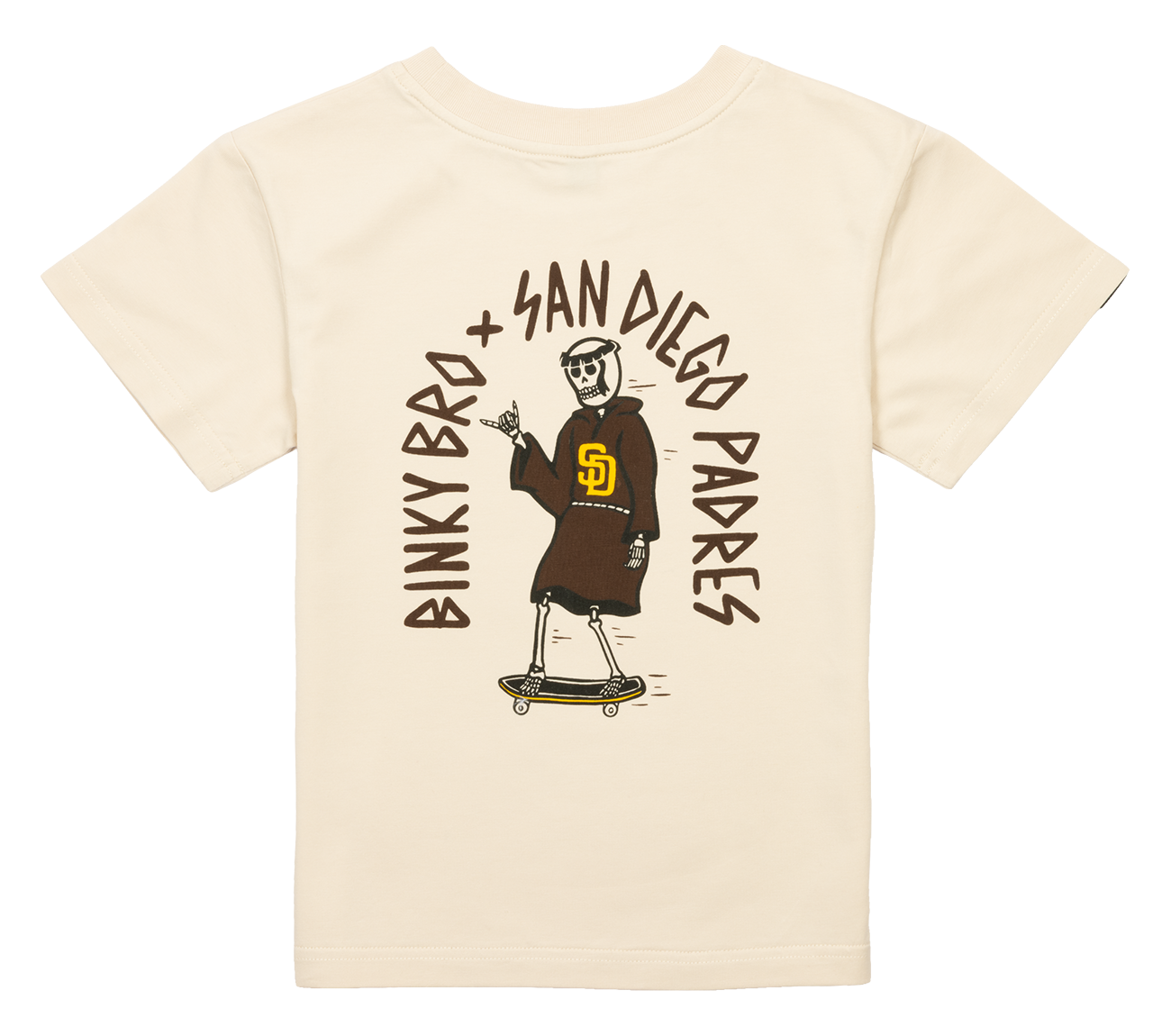 Cream-colored shirt featuring a skeleton on a skateboard with "Binky Bro x San Diego Padres" text, perfect for young fans.