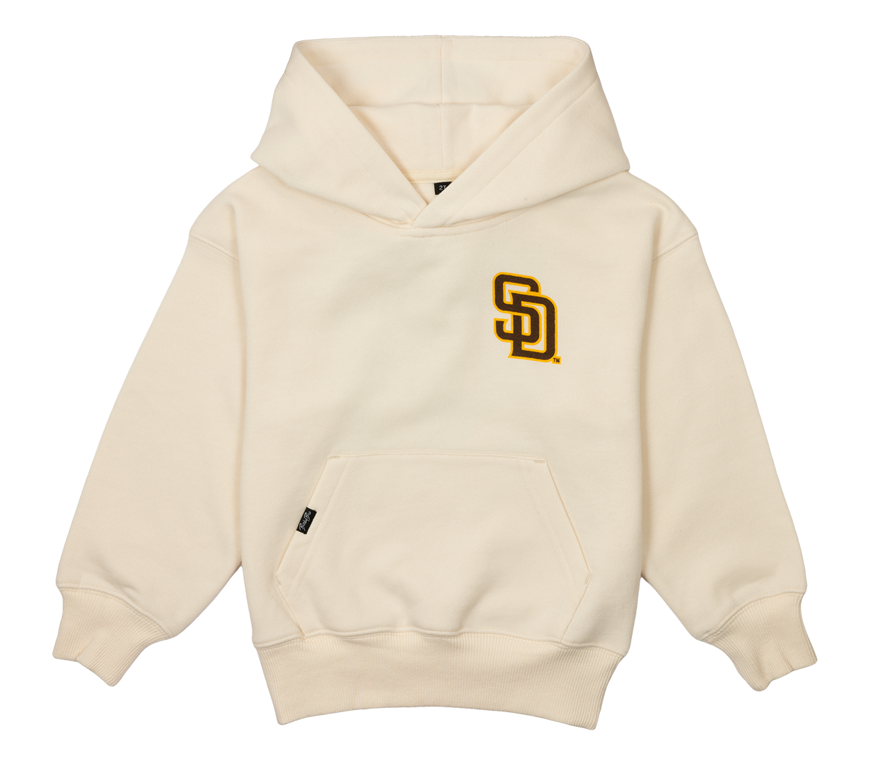 Cream-colored hooded sweatshirt featuring the San Diego Padres logo on the chest, designed for kids.