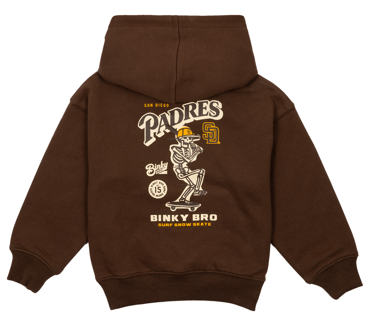 Brown hoodie featuring a San Diego Padres skeleton graphic, perfect for stylish young fans of surf and skate culture.