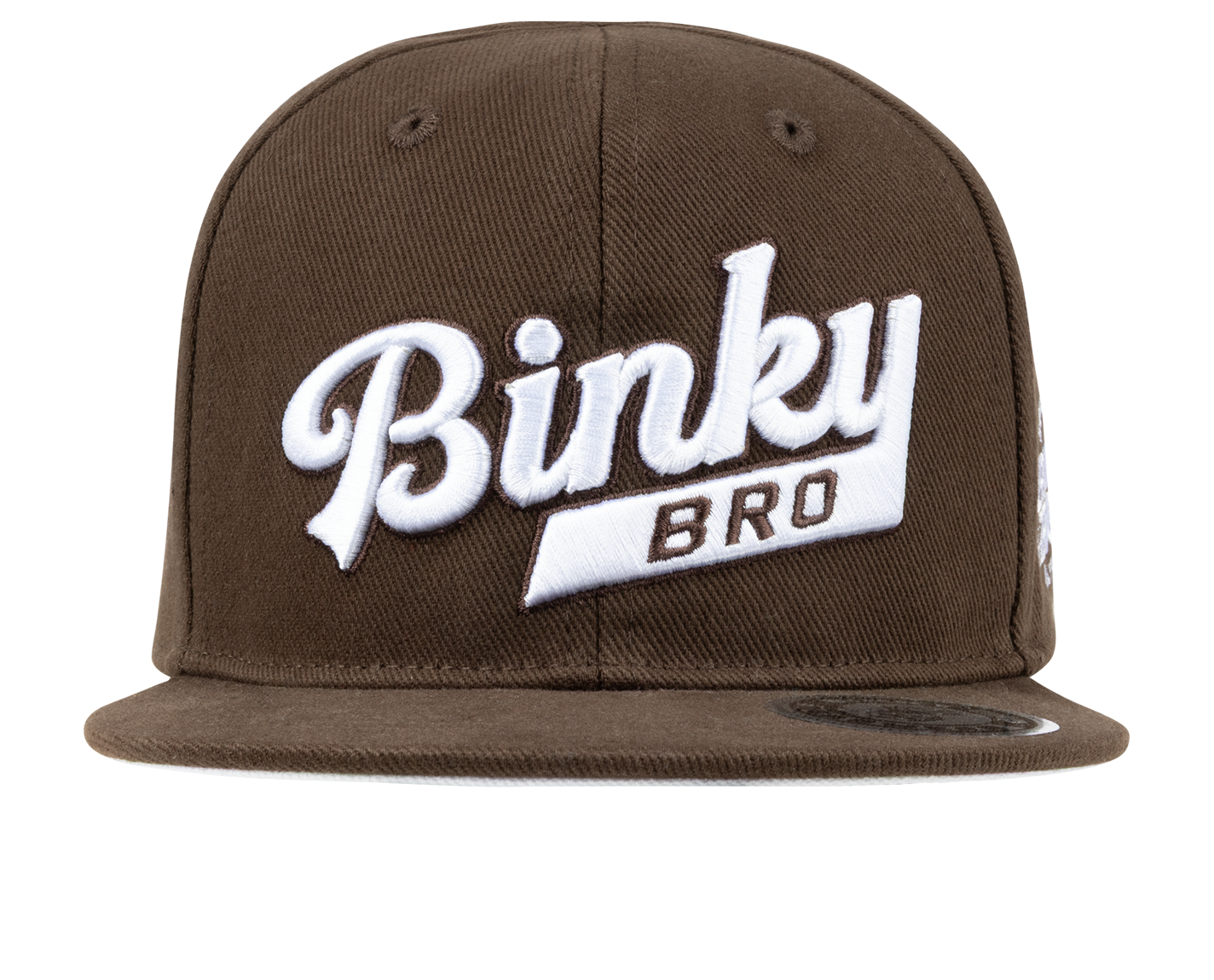 Brown snapback hat featuring a prominent white "Binky Bro" logo, designed for stylish infants and toddlers.