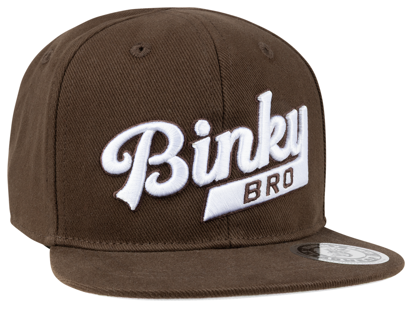Brown snapback hat featuring a prominent white "Binky Bro" logo, designed for stylish infants and toddlers.