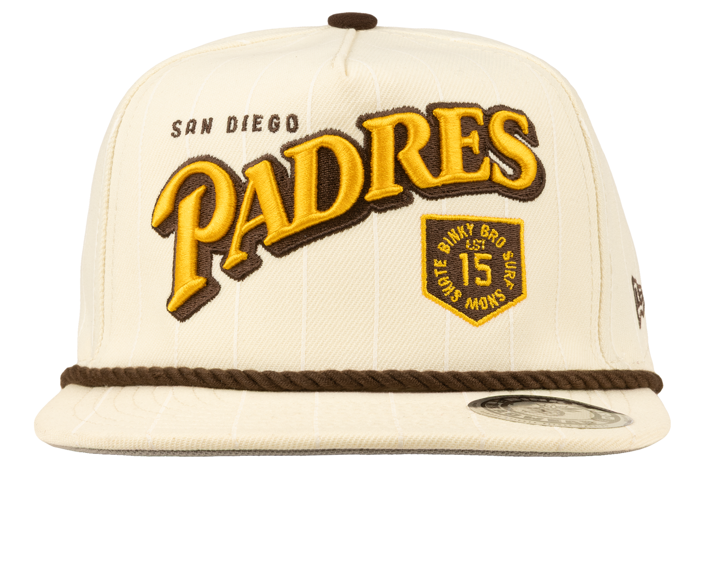 Cream snapback hat featuring San Diego Padres logo and yellow lettering, designed for stylish youth apparel.