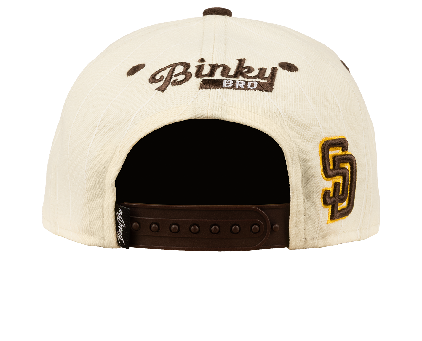Cream snapback hat featuring "Binky Bro" logo and "SD" embroidery on the back, designed for stylish youth wear.