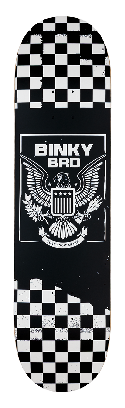 Black and white skateboard deck featuring a checkered pattern and the BinkyBro logo with an eagle and stars.