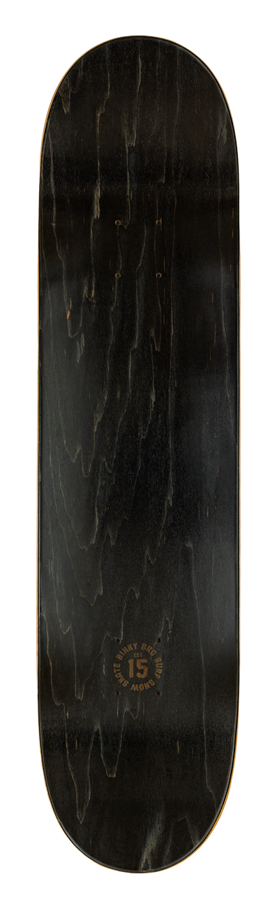 Black wooden skateboard deck with a smooth finish and a subtle wood grain pattern, featuring a gold logo at the center.