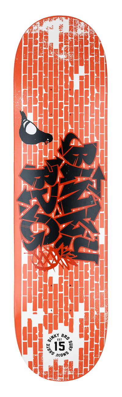 Skateboard deck featuring bold black graffiti-style text on a red brick background, designed for urban skate culture.