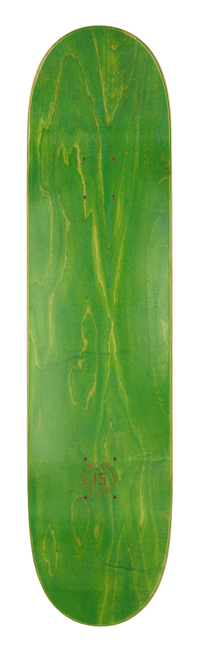 Green skateboard deck with a natural wood grain finish, featuring a simple logo design at the center. Ideal for young skaters.