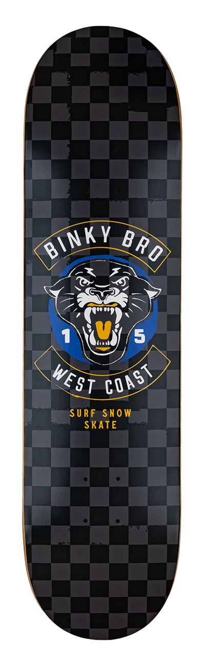Black and white checkered skateboard deck featuring a fierce panther graphic and "Binky Bro West Coast Surf Snow Skate" text.